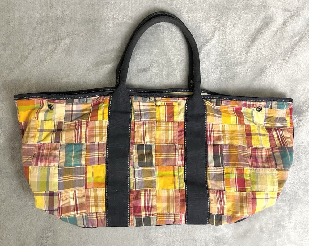 J. Crew Multicolor Plaid Canvas Tote with Black Handles
